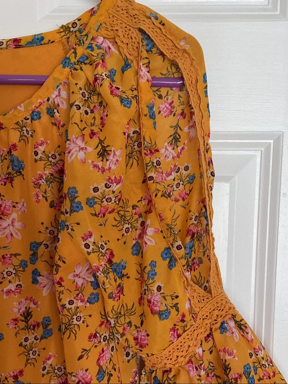 Knitworks Mustard Floral Cold-Shoulder Blouse